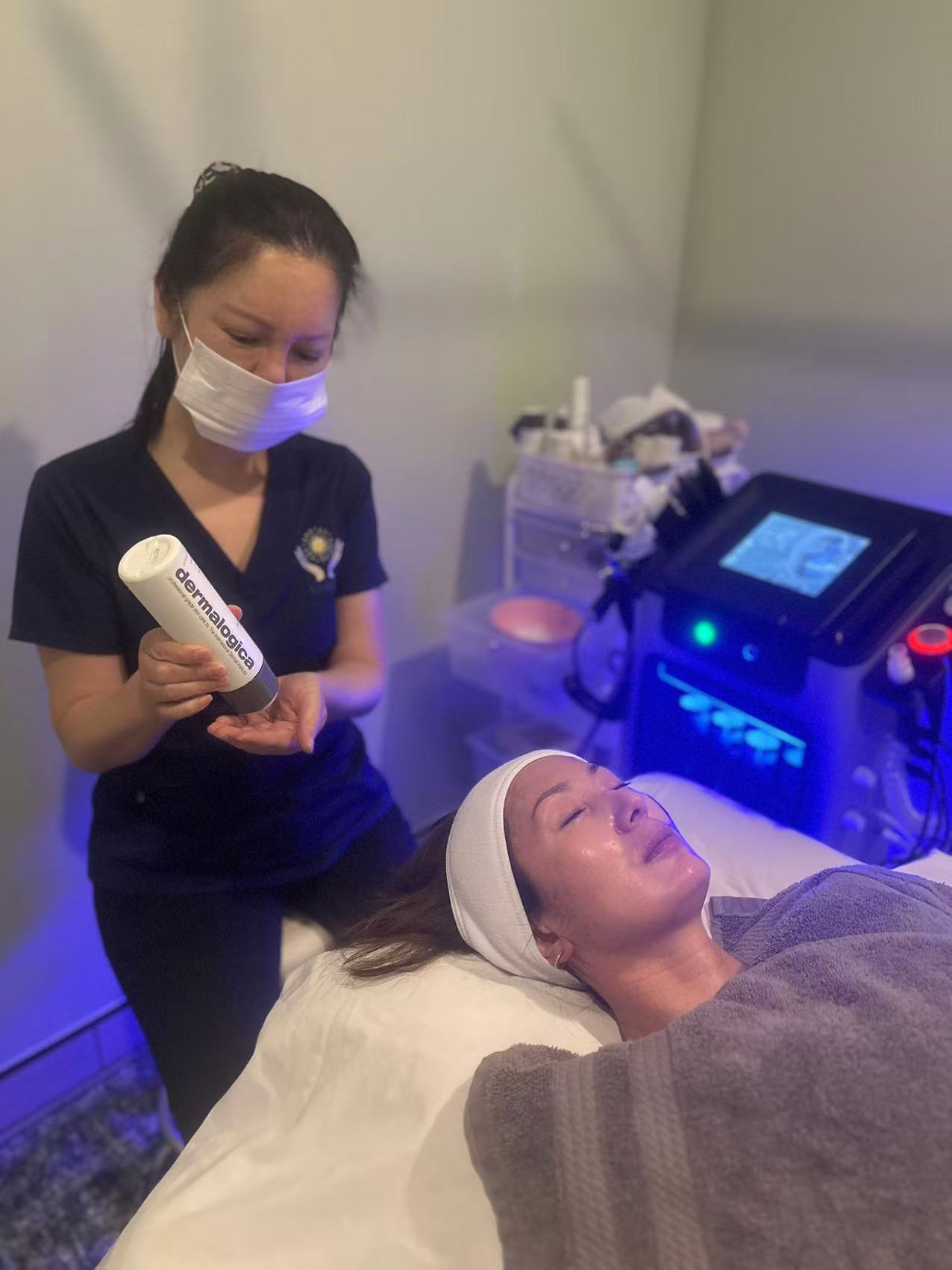 Facial treatment with Dermalogica products and professional LED equipment